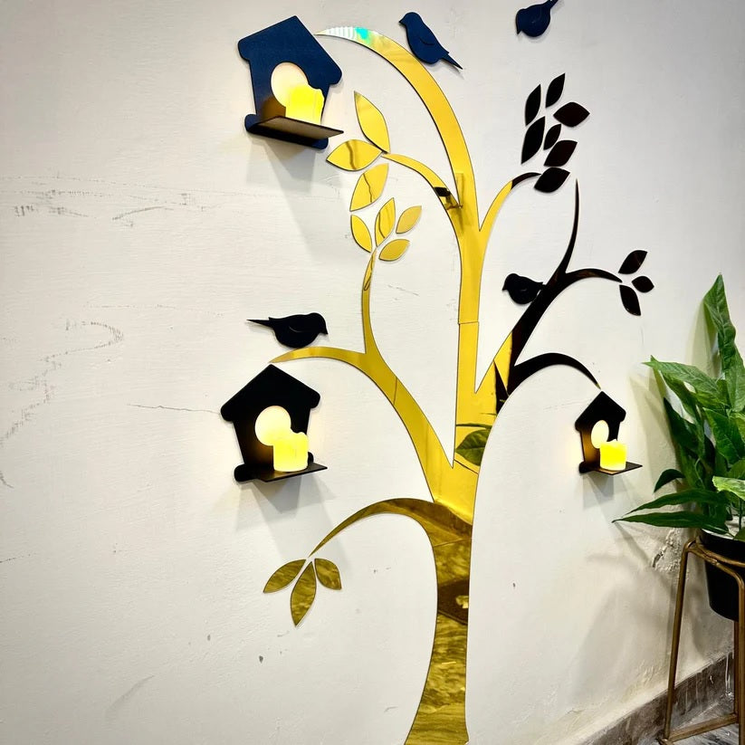 Acrylic Birds on Tree Wall Decor with Wooden Shelves