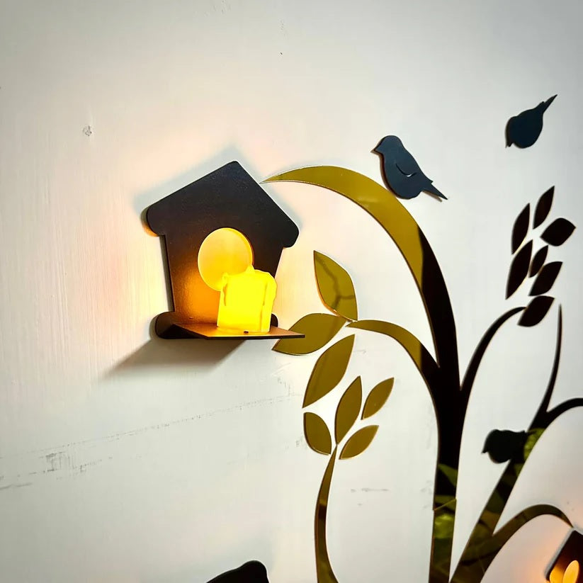 Acrylic Birds on Tree Wall Decor with Wooden Shelves